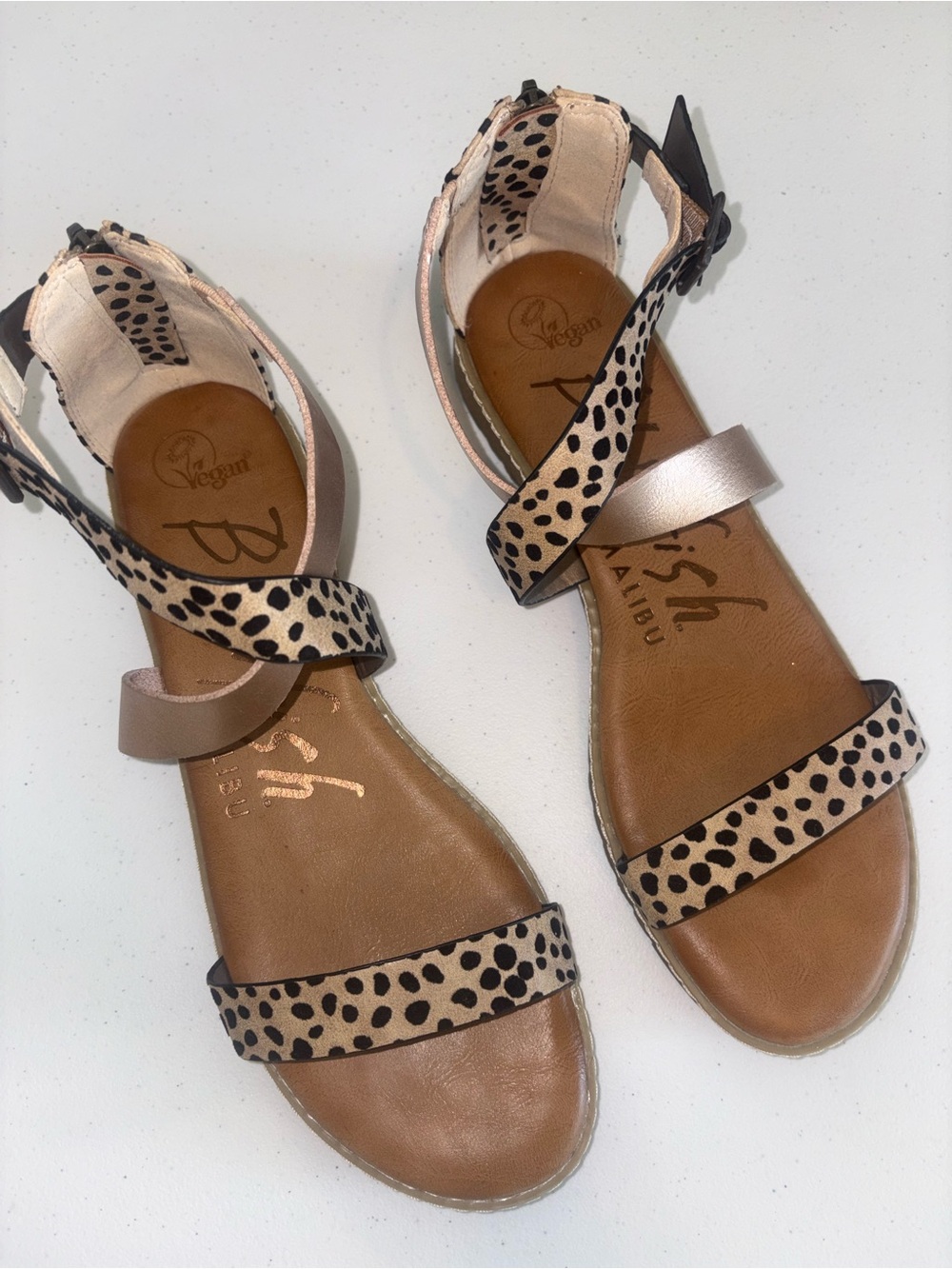 Blowfish Leopard Print and Metallic Rose Gold Strap Sandals